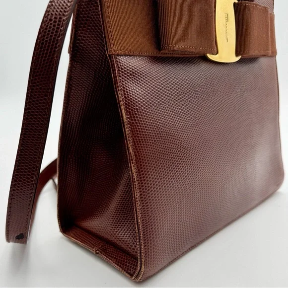 Salvatore Ferragamo Vara Ribbon Plate 2-WAY Bag 9.5 inch Brown Embossed Leather - Picture 10 of 15